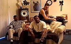 Three horny black guys team up to pound a tight shemale ass hole in this ebony transsexual gangbang clip.  The big dick shemale looks slightly scared as she sees the three well hung, muscular and the dominant studs strutting around her.  She tries to get her men off quick, by sucking their hard pricks and getting them close to the point of orgasm and before they fuck her.  However, the guys know this trick, and make sure that they pull out of her mouth and ram their pricks into her ass hole before they get too close to cumming.  By the end of the scene, the tranny has an extremely sore and raw ass hole and is splattered with black semen.