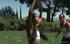 Hot tgirl cheerleader Natalie Foxx meets tough guy in park.